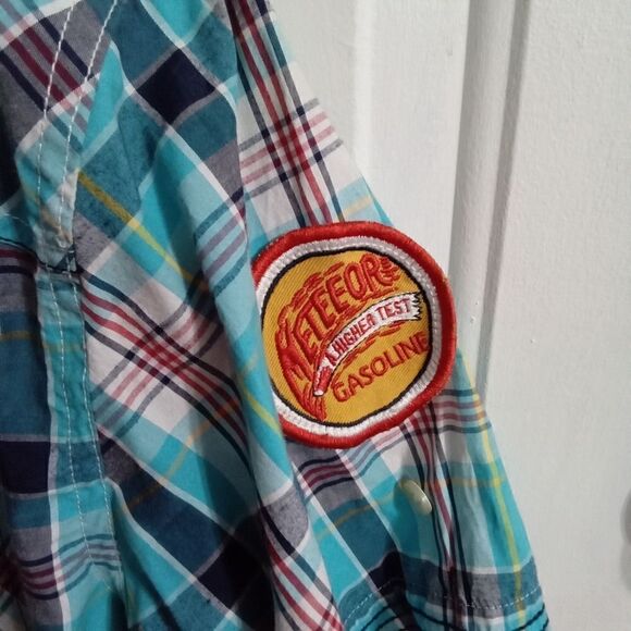 Rolling Paper Co. Short Sleeve Button Down Shirt Size M Blue Plaid Patches - Picture 7 of 8